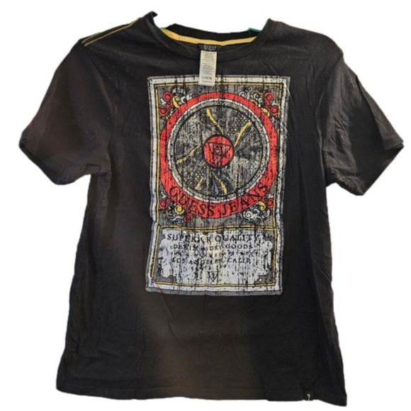 Guess Black T-Shirt Size Large Red White Logo Circle Script Triangle God Write. - Picture 1 of 4
